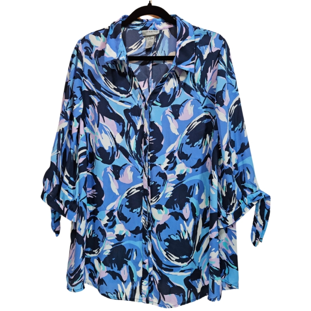 Catherine's Women's SIZE 14 / 16 W 0X Floral Print Button Down Blouse in Blue